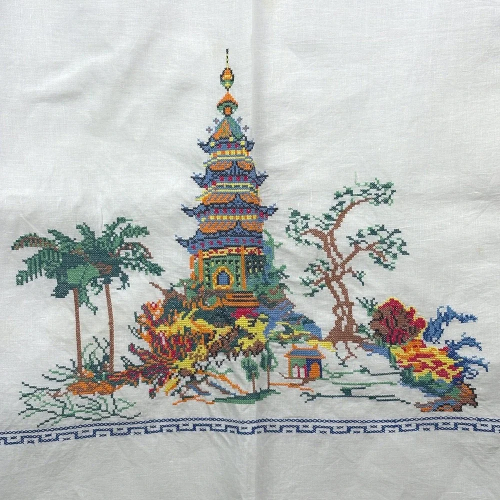 VTG Square Linen Tablecloth 48x48 Cross Stitch Embroidered White Pagoda Asian
